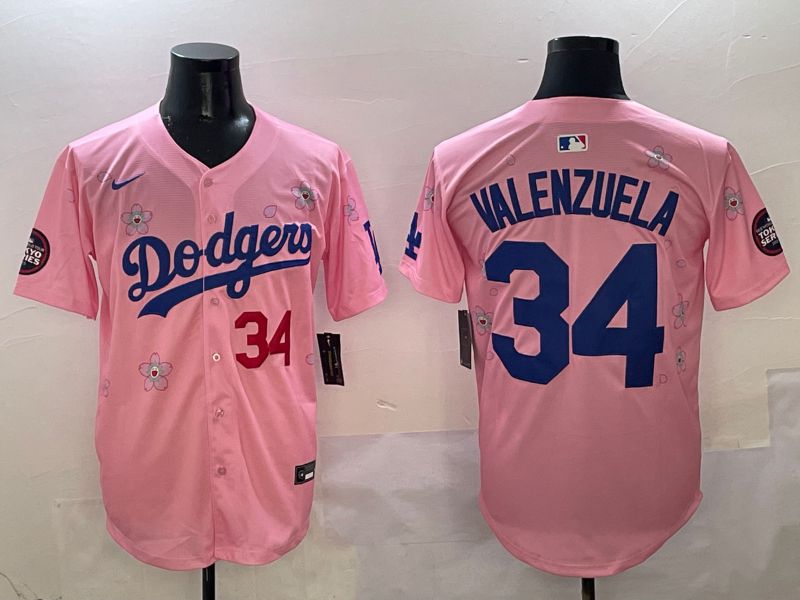 Men Los Angeles Dodgers 34 Valenzuela Pink Sakura Edition 2025 Nike MLB Jersey style 5